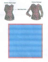 blus lengan panjang warna biru, dua buah saku bawah dengan kombinasi batik khas Jawa Tengah berwarna merah f.