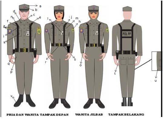 2) PDL II Keterangan: a. Topi lapangan (Patrol Cap) b. Emblem Pol. PP c. Kaos warna hijau bordir d. Tanda pangkat bordir e. KORPRI bordir f. Tanda kemahiran bordir g.