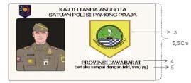 Sisi kanan atas terdapat logo Kementerian Dalam Negeri dan judulkartu KARTU TANDA ANGGOTA SATUAN POLISI PAMONG PRAJA. 2.