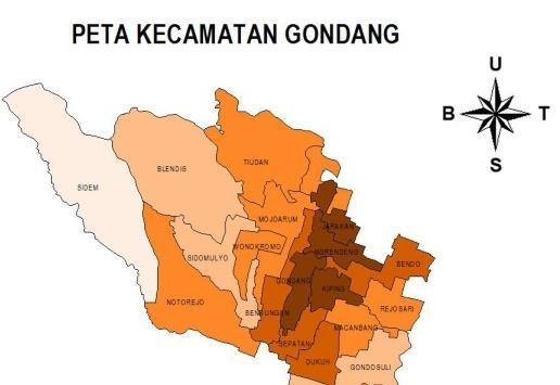 dan sebelah barat adalah Kabupaten Trenggalek. Kecamatan Gondang adalah salah satu Kecamatan yang jumlah desanya terbanyak di Kabupaten Tulungagung yaitu 20 desa.
