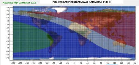 Kriteria Odeh (hijau), 2 derajat (biru), Wujudul Hilal (putih) Kondisi bulan saat maghrib 15 Mei 2018 di wilayah Indonesia: bulan masih di bawah ufuk, berarti juga tingginya kurang dari 2 derajat dan
