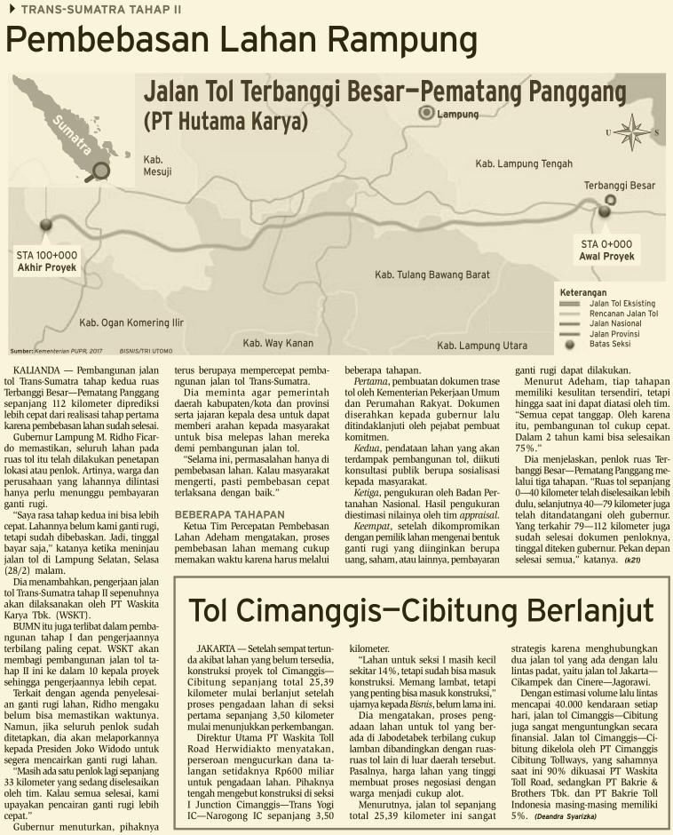 Judul Pembebasan Lahan Rampung Tanggal Media Bisnis Indonesia (Halaman, 27) Pembangunan jalan tol Trans Sumatera tahap kedua ruas