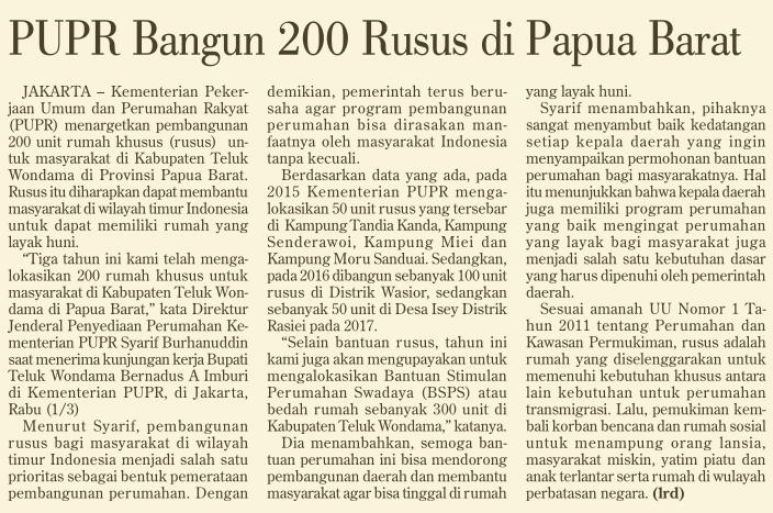 Judul PUPR Bangun 200 Rusus di Papua Barat Tanggal Media Investor Daily (Halaman, 22) Kementerian PUPR