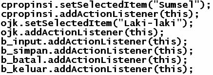 2. Buat nama kelas datamahasiswa yang mewarisi kelas JFrame dan mengimplementasikan method ActionListener.