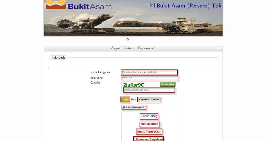 . LOGIN Untuk mendaftarkan perusahaan menjadi Penyedia Barang dan Jasa PT. Bukit Asam (Persero) anda bisa mendaftar secara online melalui internet ke https://eproc.ptba.co.