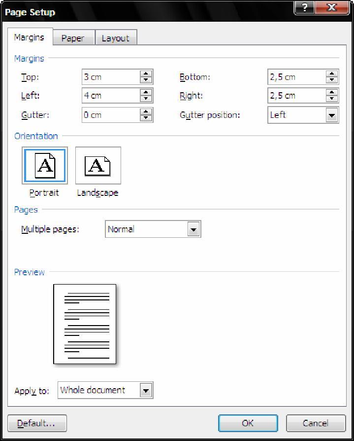 2. Page Setup Page Setup digunakan untuk mengatur lembaran kerja Word, seperti ukuran kertas, batas pengetikan (Margin), orientasi kertas dan batas Header and Footer.