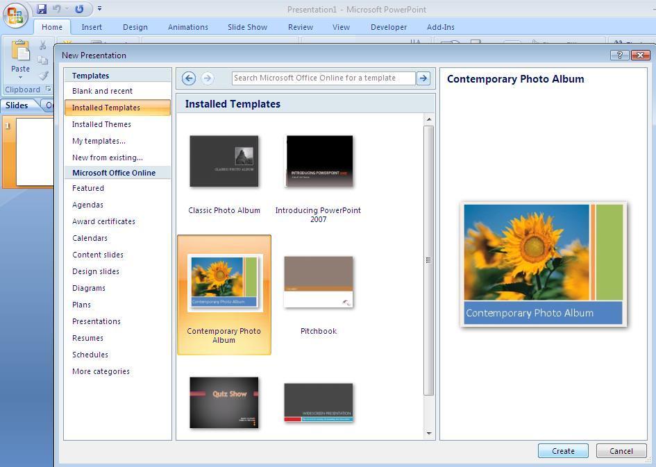 Pada kotak dialog window yang muncul, pilih Installed Templates >Contemporary Photo Album atau