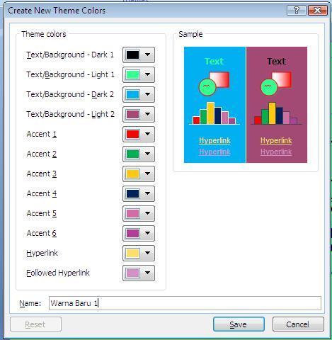 Membuat custom themes color slide/warna Themes Baru Aktifkan presentasi anda Klik tab menu Design > Colors > Create New Theme Colors.