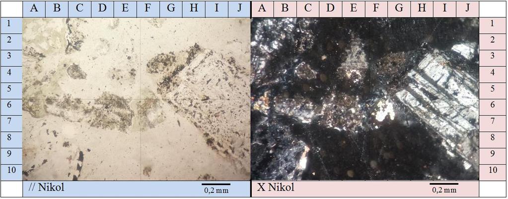 Tuf kristal secara megaskopis berwarna abu-abu terang hingga abu kehijauan. Pengamatan mikroskopis dilakukan pada sayatan tipis conto kedalaman 944 mku s.d. 947 mku.