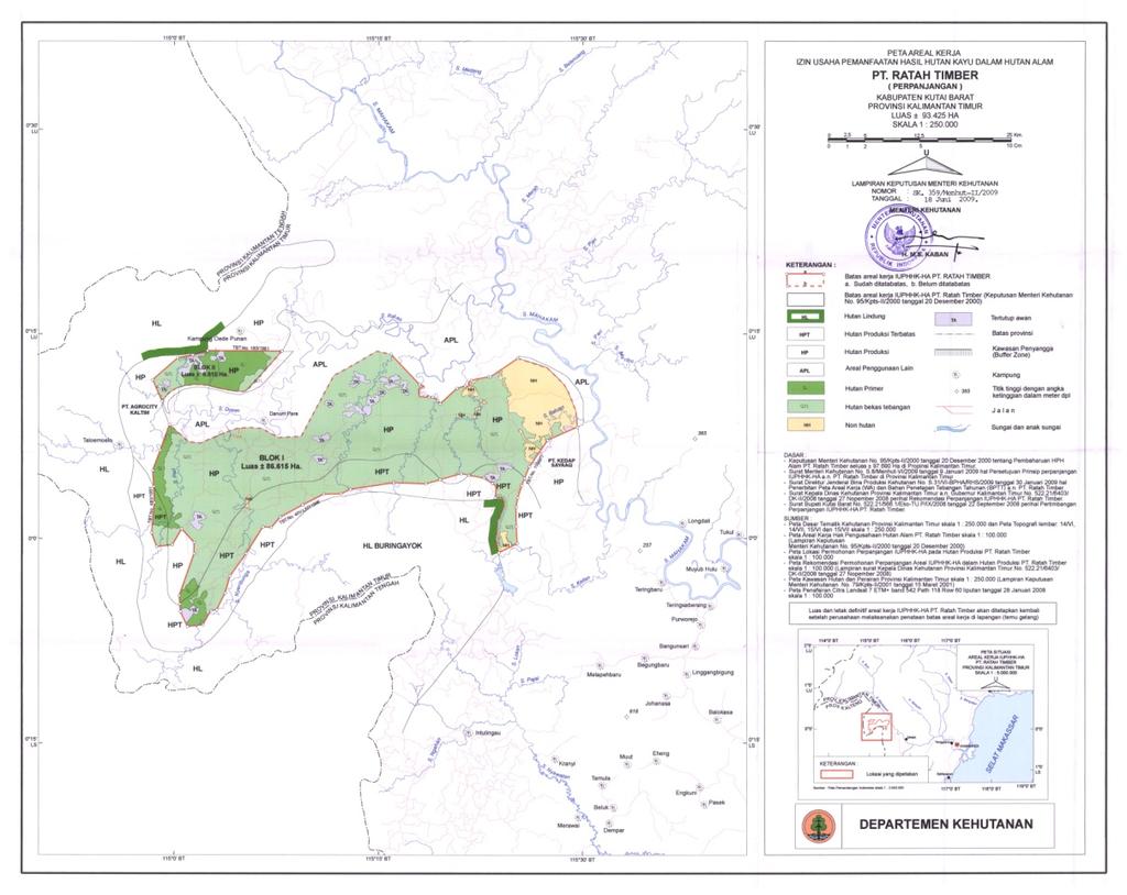 29 Gambar 5 Peta areal kerja Izin Usaha Pemanfaatan Hasil Hutan Kayu dalam Hutan Alam PT. Ratah Timber. Hasil super-imposse antara Peta Areal Kerja IUPHHK PT.