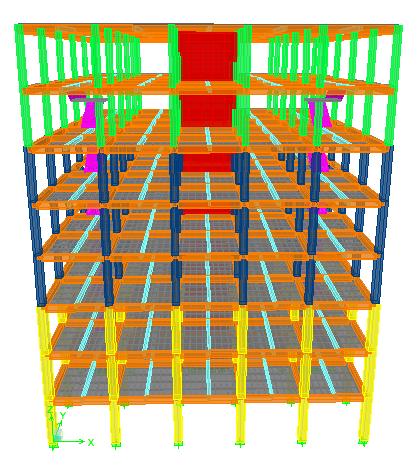 3. Setelah dilakukan pendifinisian dimensi kolom, balok, pelat lantai dan dinding geser maka dilakukan penggambaran berdasarkan grid-grid yang telah dibuat. Gambar 3.17 Permodelan Struktur Gedung 3.