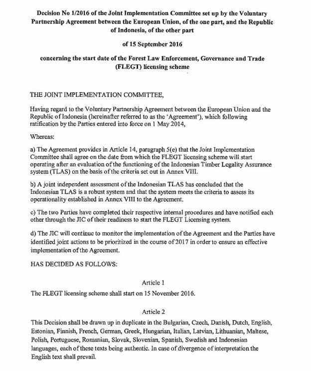 Annex 2: Keputusan Joint Implementation Committee tentang dimulainya perizinan FLEGT Laporan