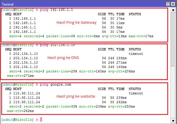 Lakukan koneksi ke RB Mikrotik dengan Winbox 5. Setelah berhasil Login Klik Menu terminal lakukan proses ping ke beberapa ip berikut - Ping Ke IP Gateway #ping 192.168.1.1 - Ping Ke IP DNS #ping 202.