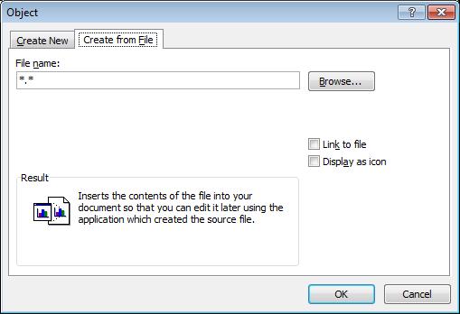 Pilih Insert > Text > Object, pada tab Create New pilih Object Type kemudian Ok. Bisa juga pilih tab Create from File, kemudian Browse untuk file yang tidak ada dalam daftar sebelumnya. 13.