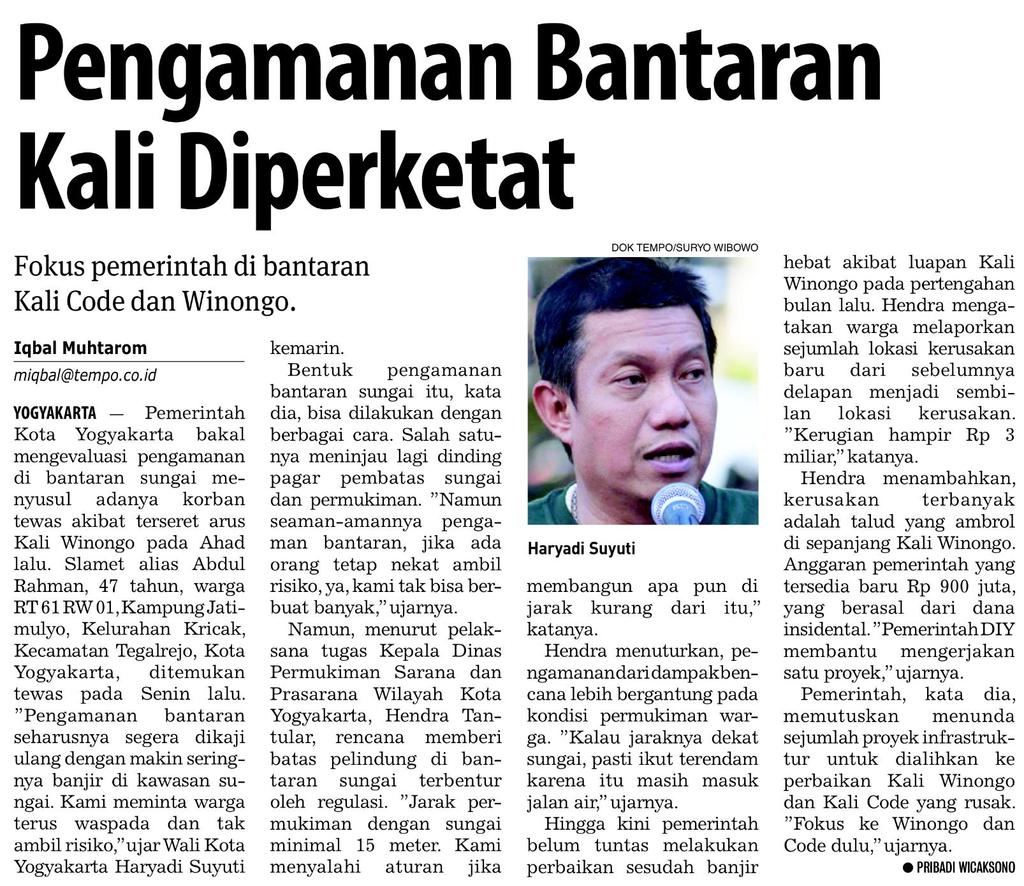 Judul Pengamanan Bantaran kali Diperketat Tanggal Media Koran Tempo (Halaman 24) Pemerintah Kota Yogyakarta