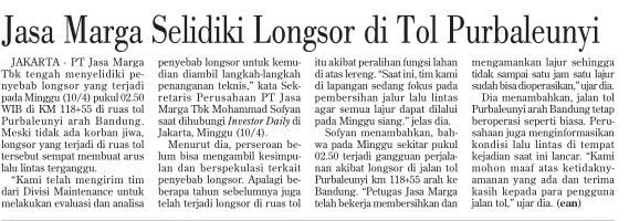 Jasa Marga Selidiki Longsor di Tol Purbaleunyi Tanggal Senin, 11 Media Investor Daily