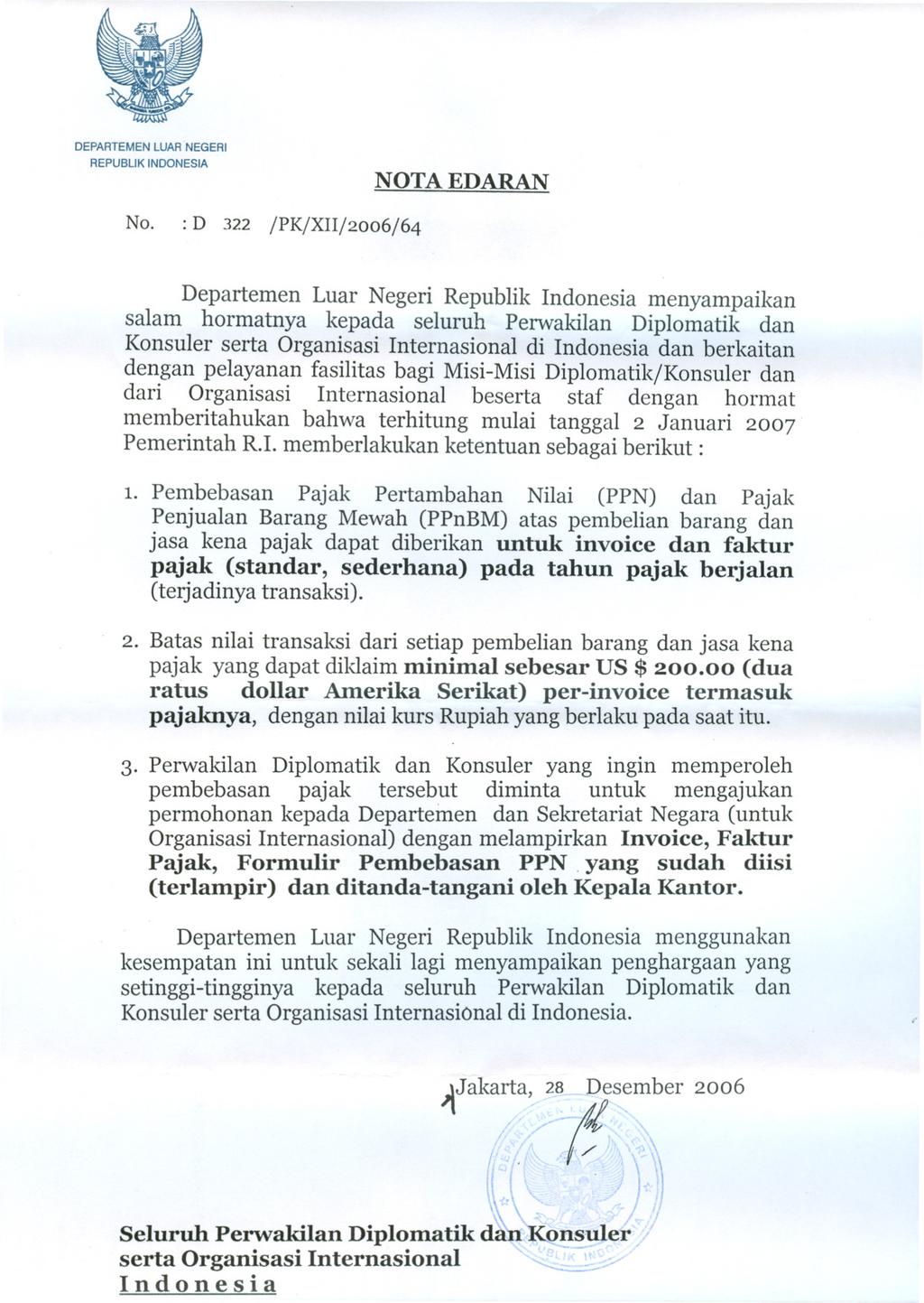 DEPARTEMEN LUAR NEGERI REPUBUK INDONESIA NOTAEDARAN No.
