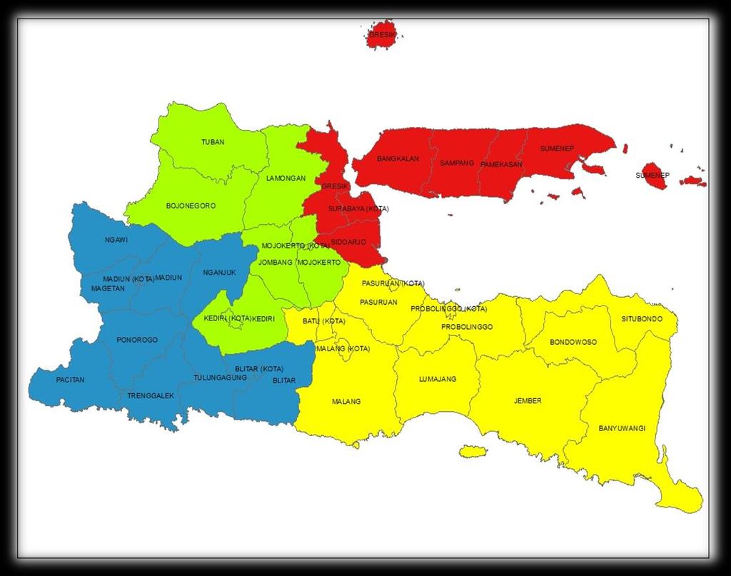 Keterangan: Warna Biru : Bakorwil Warna Hijau : Bakorwil II Warna Kuning: Bakorwil III Warna Merah: Bakorwil IV Gambar 4.1 Peta Provinsi Jawa Timur Menurut Bakorwil Sumber: Peta Provinsi Jawa Timur b.