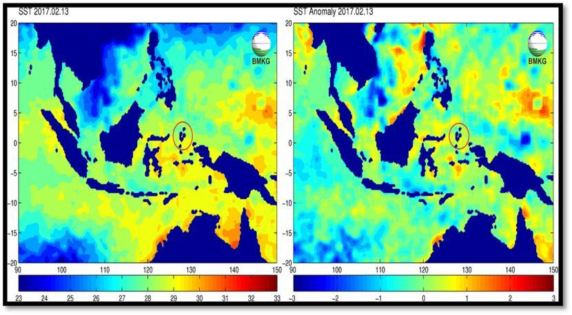 Gambar 3. SST dan anomali perairan Indonesia tanggal 13 Februari 2017 (Sumber : www.bmkg.go.id/) A.2 ENSO (El Nino South Osciilation) Berdasarkan data indeks Nino 3.