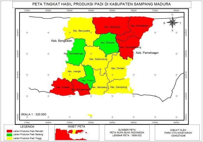Daya Dukung Lahan Pertanian terhadap Hasil Produksi Padi di Kabupaten Sampang Tabel 1 Hasil produksi padi golongan rendah, sedang, tinggi di Kabupaten Sampang Katagori Kecamatan Kecamatan yang