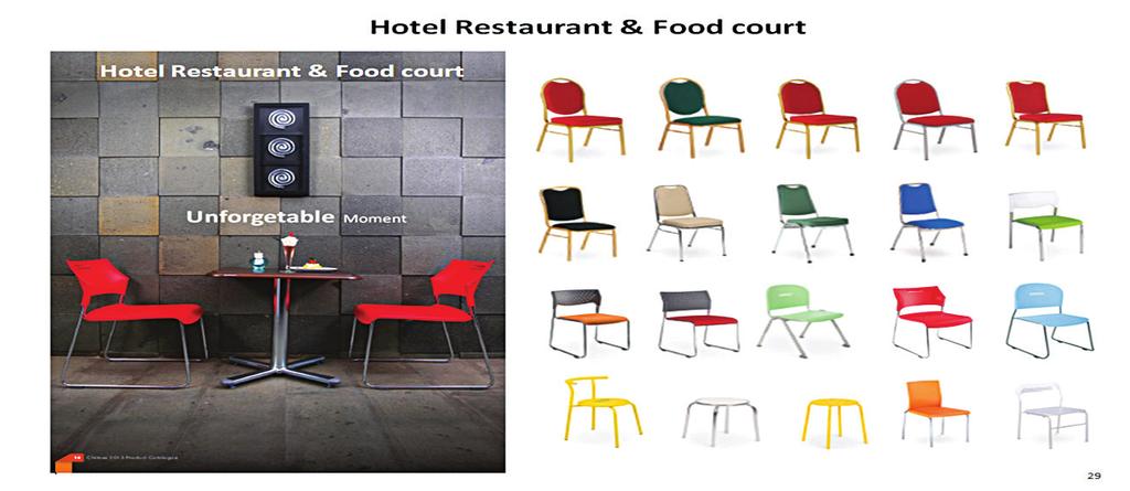 c. Hotel, Banquet & Restaurant Produk untuk kebutuhan Hotel, Banquet dan Restaurant mempunyai design khusus dan elegant, selain itu untuk produk kursi dapat disusun sehingga untuk penyimpanan tidak