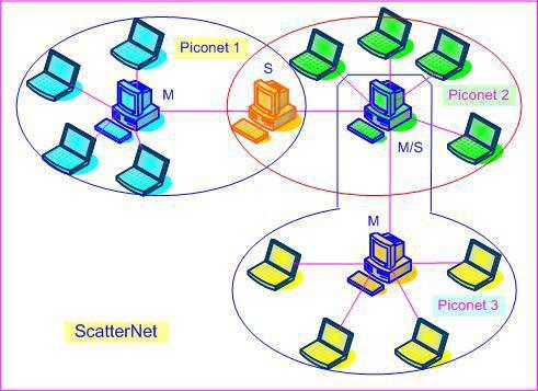 ( Siyamta, 2005 ) Gabungan dari beberapa kelompok piconet akan membentuk sebuah scatternet. Untuk memahami lebih lanjut, piconet dan scatternet ditunjukkan pada Gambar 2.7 dan 2. 8 dibawah ini.