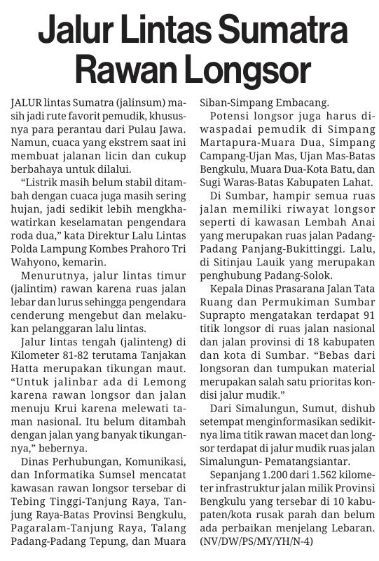 Judul Jalur Lintas Sumatra Rawan Longsor Tanggal Media Koran Media Indonesia (Halaman 26) Jalur lintas sumatera