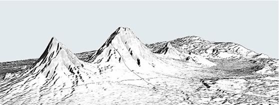 Gunung Merapi dan Merbabu dari sisi timur Data: Hillshading dari pengolahan data