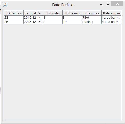 public static void main(string []args) view_periksa inputan = new view_periksa(); inputan.gui(); E. Resep 1. Input import java.awt.event.*; import java.sql.*; import javax.swing.