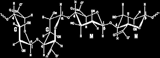 Alginat dapat dibuat dengan kisaran bobot molekul yang lebar (50-100.000 residu). Rumus struktur alginat ditunjukkan pada Gambar 3. Gambar 3 Struktur Alginat (Chaplin 005).
