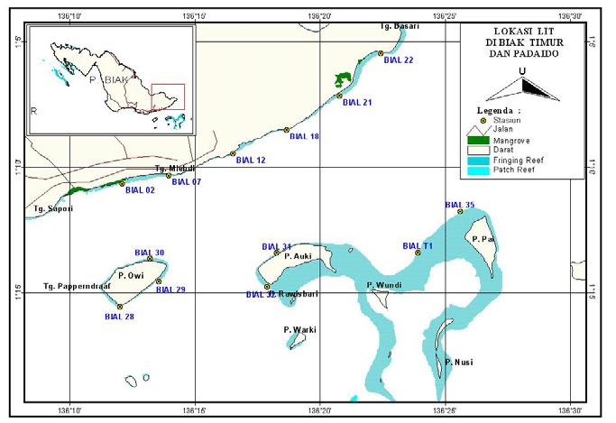 Gambar 2. Peta lokasi transek permanen di perairan Biak Timur dan Pulau-Pulau Padaido Bawah. II.2. WAKTU PENELITIAN Penelitian dilaksanakan pada bulan Juli 2007 selama 14 hari kerja. II.3.