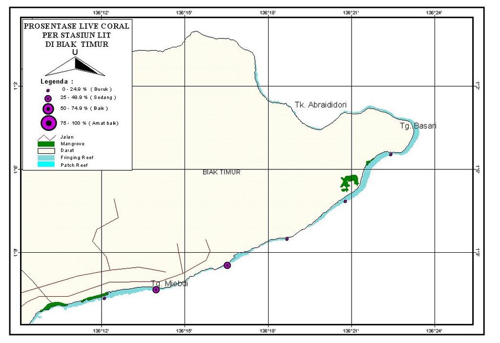 Hasil pengamatan dengan metode LIT di 13 (tiga belas) stasiun pengamatan diuraikan sebagai berikut : III.1.1. Hasil pengamatan karang di perairan pesisir Biak Timur (6 stasiun) Gambar 6.