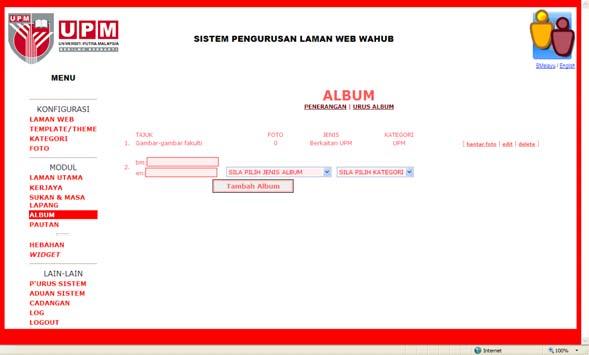 Modul : Album Konfigurasi : Laman Web Ruangan ALBUM membolehkan anda berkongsi gambar gambar anda dengan pengunjung laman web anda.