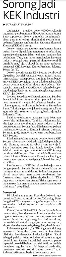 Judul Sorong Jadi KEK Industri Tanggal Media Koran Republika (Halaman 14) Presiden Jokowi ingin agar pembangunan di papua