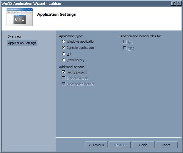 Visual Studio 2008 Application type : pilih Console