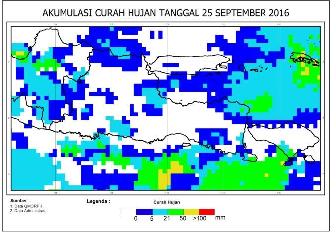 3 Potensi Banjir Harian Berdasarkan analisis potensi banjir harian dengan menggunakan data liputan awan dari Himawari-8 selama 24 jam terakhir sebelum kejadian banjir di Pulau Madura khususnya