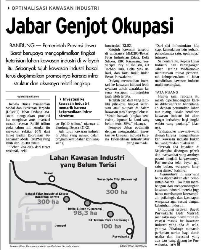 Judul Optimalisasi kawasan industry: jabar genjot okupasi Tanggal Media Bisnis Indonesia (halaman 9) Pemprov Jawa barat berupaya meengoptimalkan tingkat