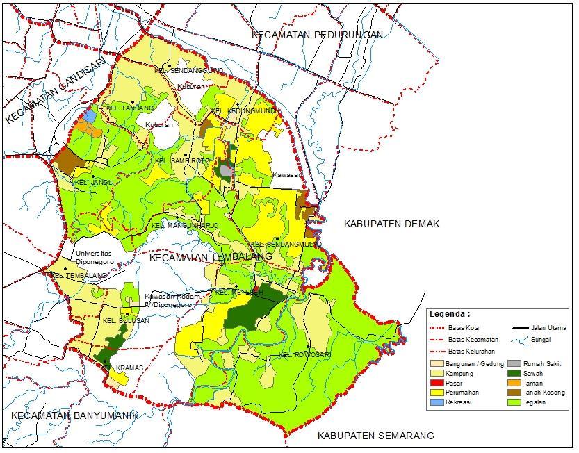 BAB IV HASIL DAN PEMBAHASAN 4.1 Analisis Perubahan Penggunaan Lahan 4.1.1. Analisis Penggunaan Lahan Tahun 2010 Pola penggunaan lahan Kecamatan Tembalang tahun 2010 menunjukkan bahwa penggunaan lahan sebagai berikut : Gambar 4.