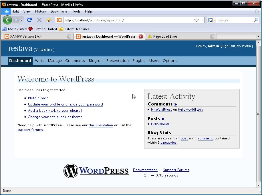 Mulai Blogging Begitu Anda mengklik tombol login, halaman dashboard akan menyapa Anda. Perhatikan bahwa tampilannya tidaklah berbeda jauh dari blog yang ada di WordPress.com.