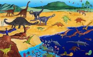 Dinosaurus dan reptilia laut berukuran besar mulai muncul pertama kalinya selama zaman ini. Reptilia menyerupai mamalia pemakan daging yang disebut Cynodont mulai berkembang.