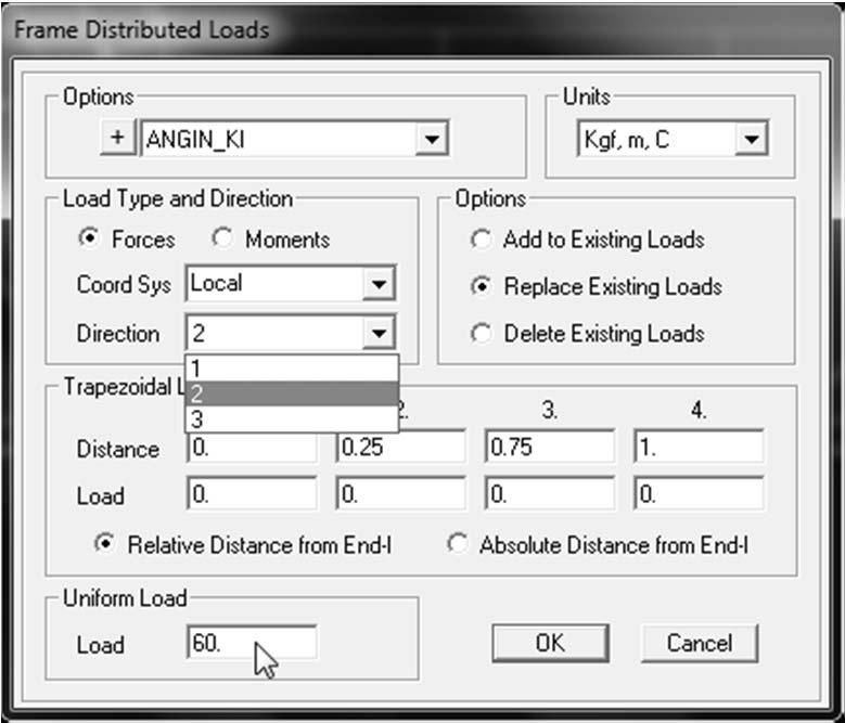Modul SAP2000 v11 101 Beban angin tekan kiri Hisap Kanan 5. Pilih semua objek atas sebelah kanan kemudian klik menu Assign > Frame Loads > Distributed. 6.