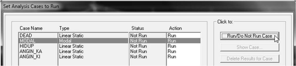 106 Pelayanan Komputer Teknik Sipil 4. Klik menu Analyze > Run Analysis atau klik tombol Run Analysis atau tekan tombol F5 untuk menampilkan kotak dialog Set Analysis to Run. 5.