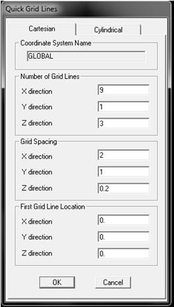 24 Pelayanan Komputer Teknik Sipil 3 1 1 1 1 1 2. Pastikan tab Cartesian aktif, kemudian isi bagian Number of Grid Lines dengan 3 (X direction), 1 (Y direction), dan 1 (Z direction). 3. Pada bagian Grid Spacing, ini nilai X direction dengan 1 (m), abaikan Y dan Z.