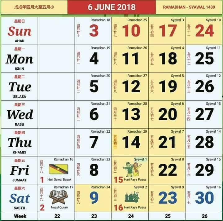 Nota : Hari Keputeraan Yang DiPertuan Agong adalah pada 9 September 2018 (Ahad) dan bukannya 3 Jun 2018 Julai 7 Julai 2018 (Sabtu) : Hari Bandar Warisan Dunia