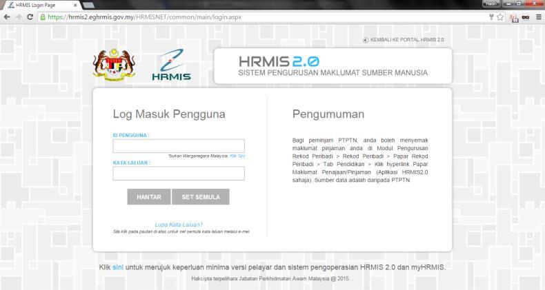 LOG MASUK KE APLIKASI HRMIS2.0 o Alamat URL Aplikasi HRMIS2.