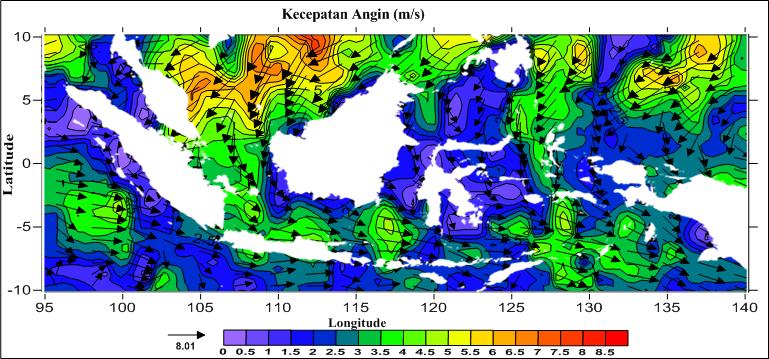 Gambar 4. Kecepatan Angin Musim Barat Gambar 5. Kecepatan Arus Laut Permukaan Musim Barat 3.