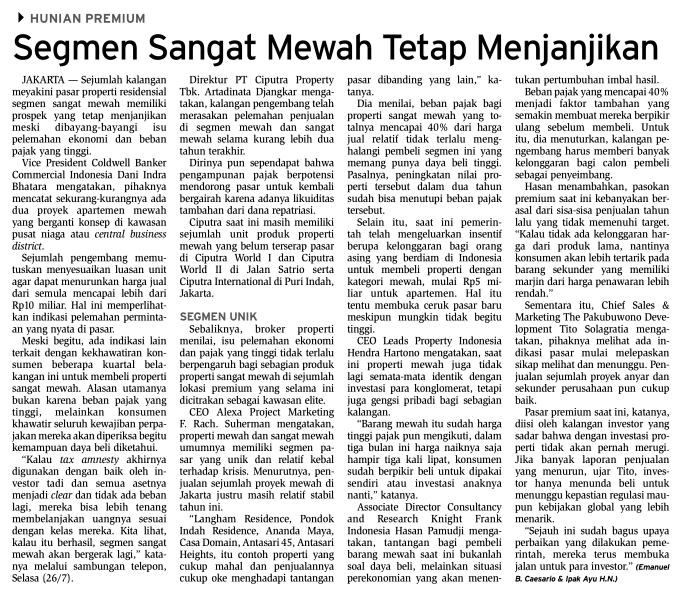 Judul Segmen Sangat Mewah Tetap Menjanjikan Tanggal Media Bisnis Indonesia (halaman 27) Rabu, 27 Juli Sejumlah kalangan meyakini pasar