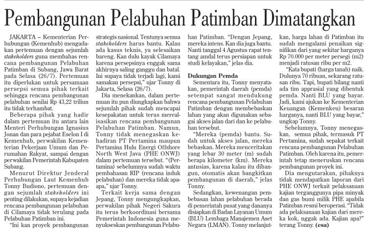Judul Pembangunan Pelabuhan Patimban Dimatangkan Media Investor Daily (halaman 6) Tanggal Rabu, 27 Juli