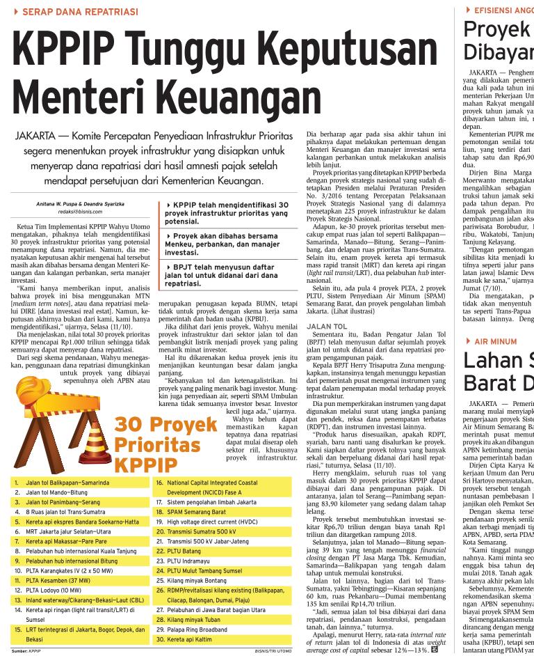 Judul KPPIP Tunggu Keputusan Menteri Keuangn Tanggal Oktober 2016 Media Bisnis Indonesia