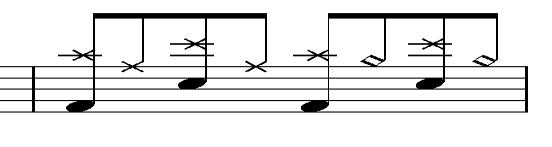 Kemudian kembai lagi ke pola ritme awal, dan pada birama ke 27 ada pola yang sama, tetapi ada pengembangan menjadi not1/18 ketukan ke 2 dan 4 asa penekanan memukul cymbal china dan snare drum.